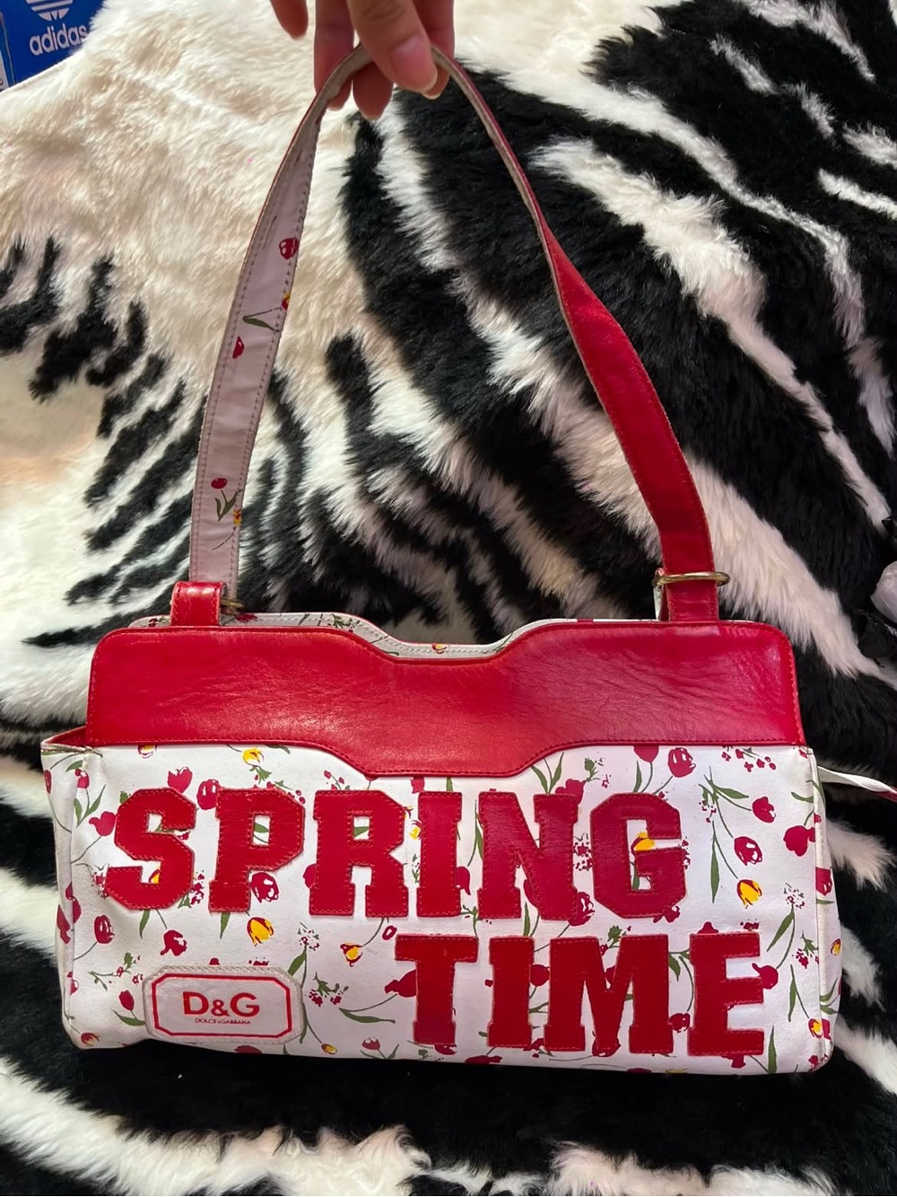 D&G White Floral Shoulder Bag with Bold Red 'SPRING TIME' Lettering